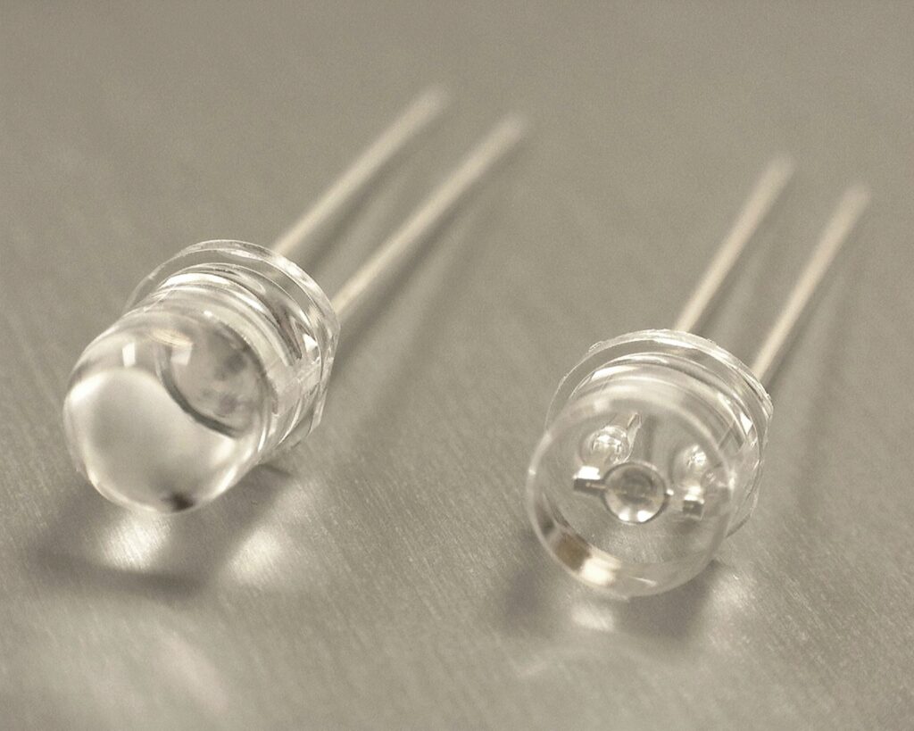 Images of 405 nm UV LEDs with round and flat lens