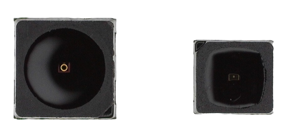 Image of Optrans社の新製品、25µm開口、650nmピーク波長の赤色ドットLED。 (左)2.1mm角SMD、(右)1.6mm x 1.5mmの超小型SMD